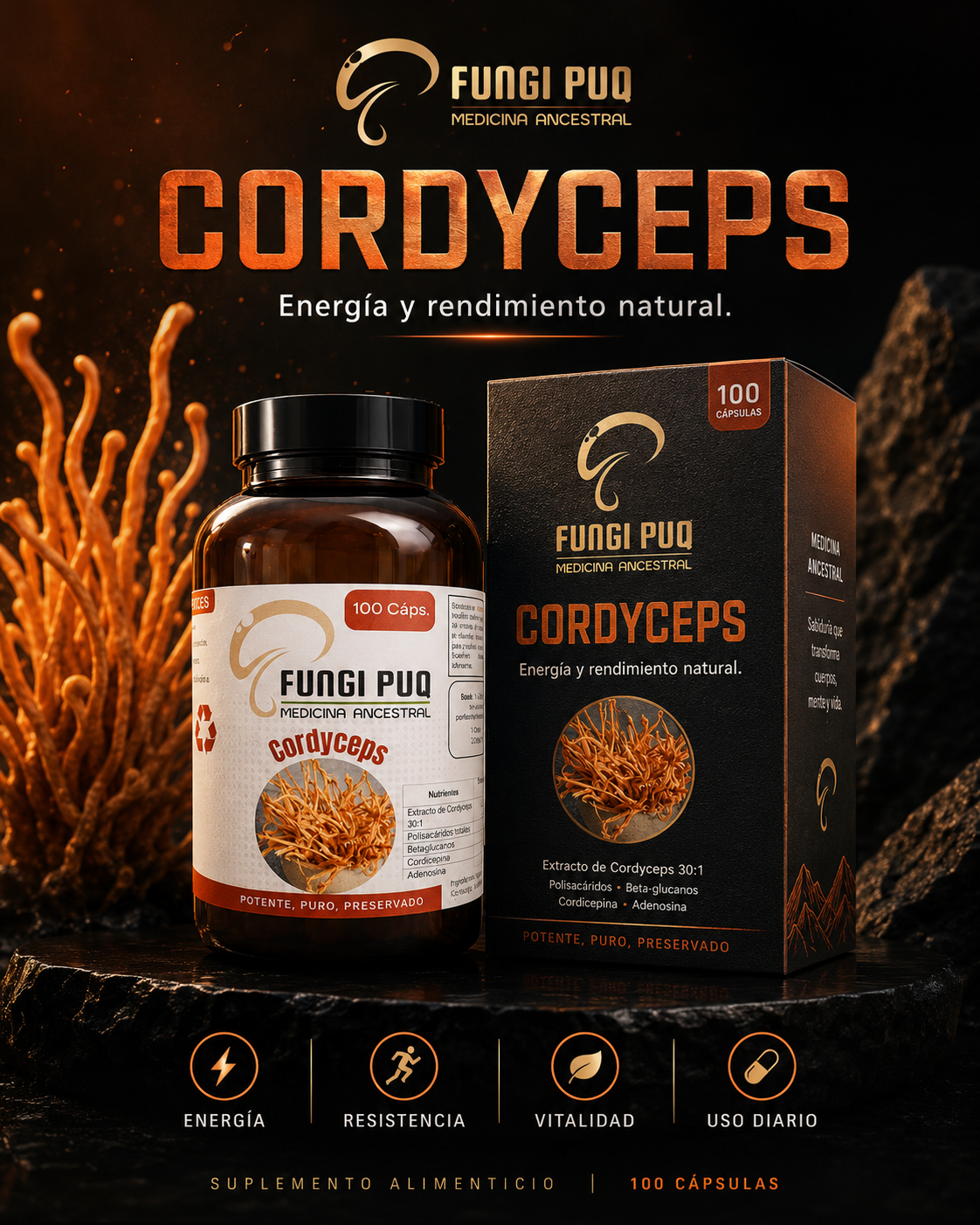 Cordyceps · Cápsulas 500 mg · 100 unidades